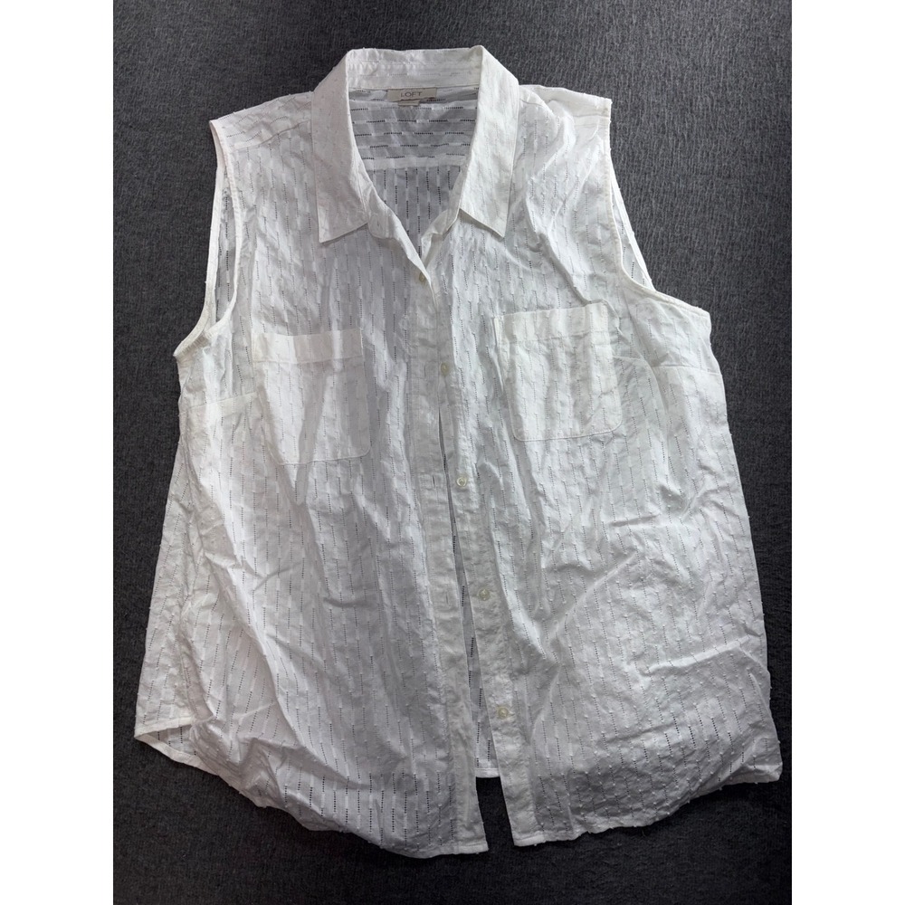 Ann Taylor LOFT Womens XL White Sleeveless Button Down Dobby Stripe Shirt Top